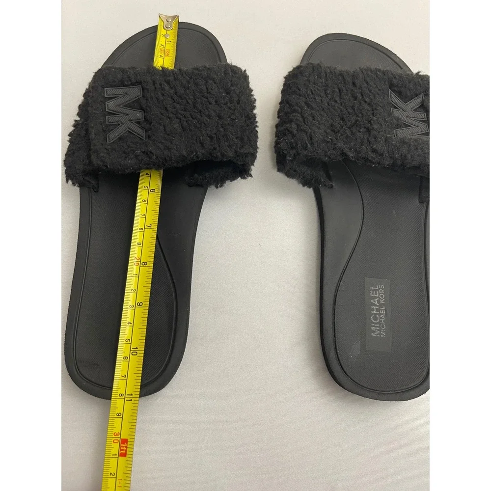 Michael Kors Black Fuzzy Faux Fur MK Logo Slides Sandals Slip On Adjustable READ